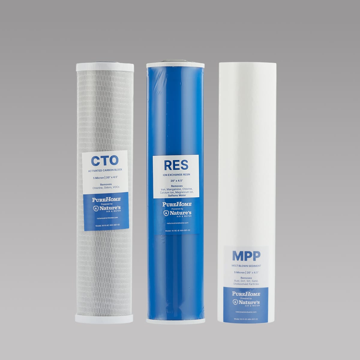 20" x 4 ½" 3-Stage MPP 5 micron Sediment Filter, CTO Activated Carbon Block Filter, & RES Ion Exchange Resin Filter Bundle
